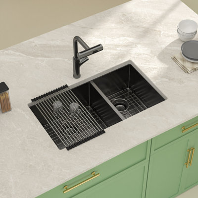 33" L x 19" W Undermount Stainless Steel 60/40 Double Bowl Kitchen Sink with Sink Grid, Strainer and Roll-up Rack