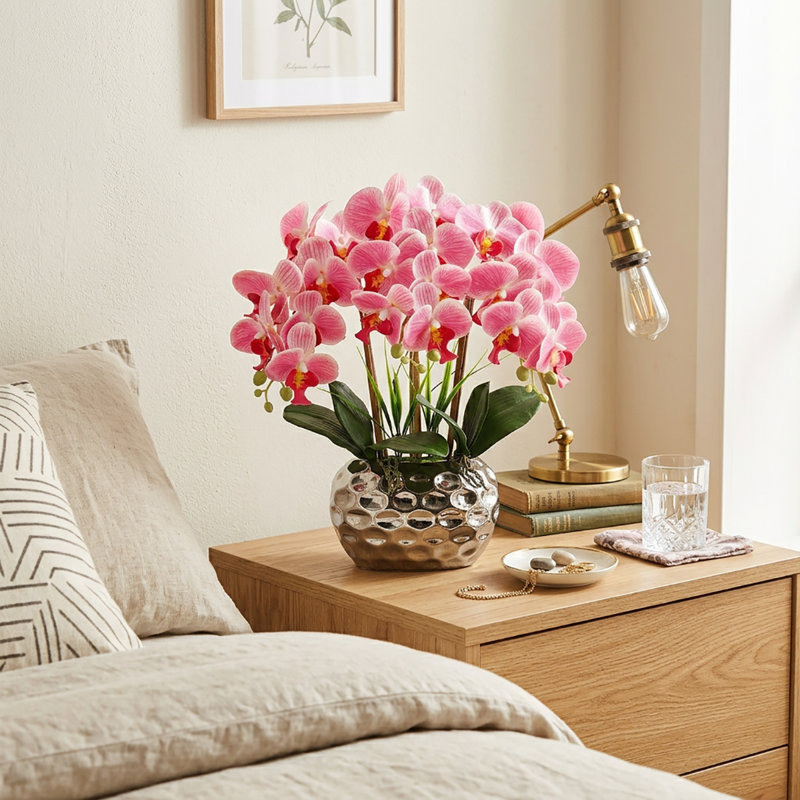 Orchids Artificial Flowers 18" Phalaenopsis Orchid With Silver Ceramic Pots Real Touch Faux Orchid Plant, Pink