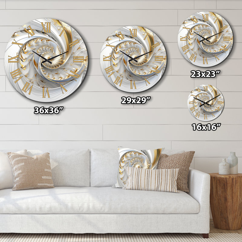 Whirling While Glam Fractals in Gold and White III - Metal Fractals Wall Clock, Medium