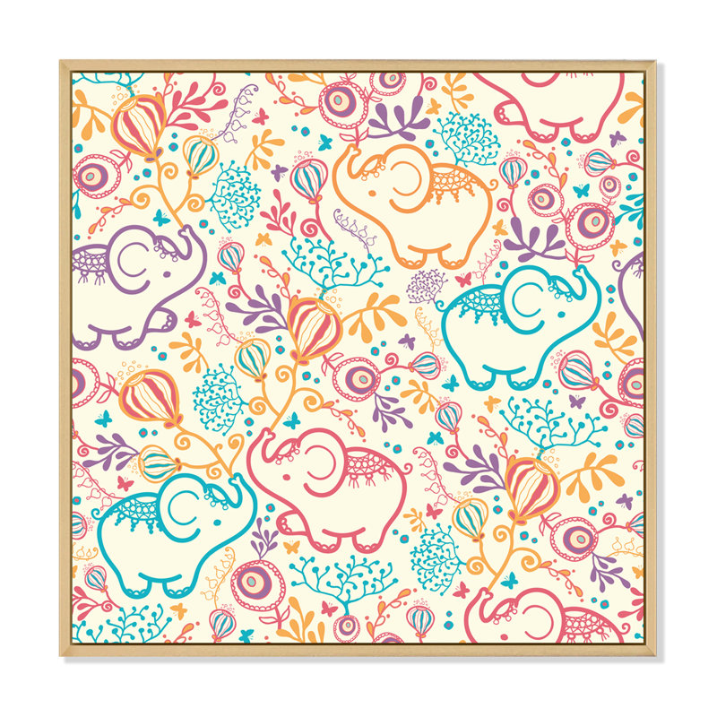 Éléphants - reproduction sur toile, H 16 po x l 16 po x P 1 po, Cadre flottant en érable