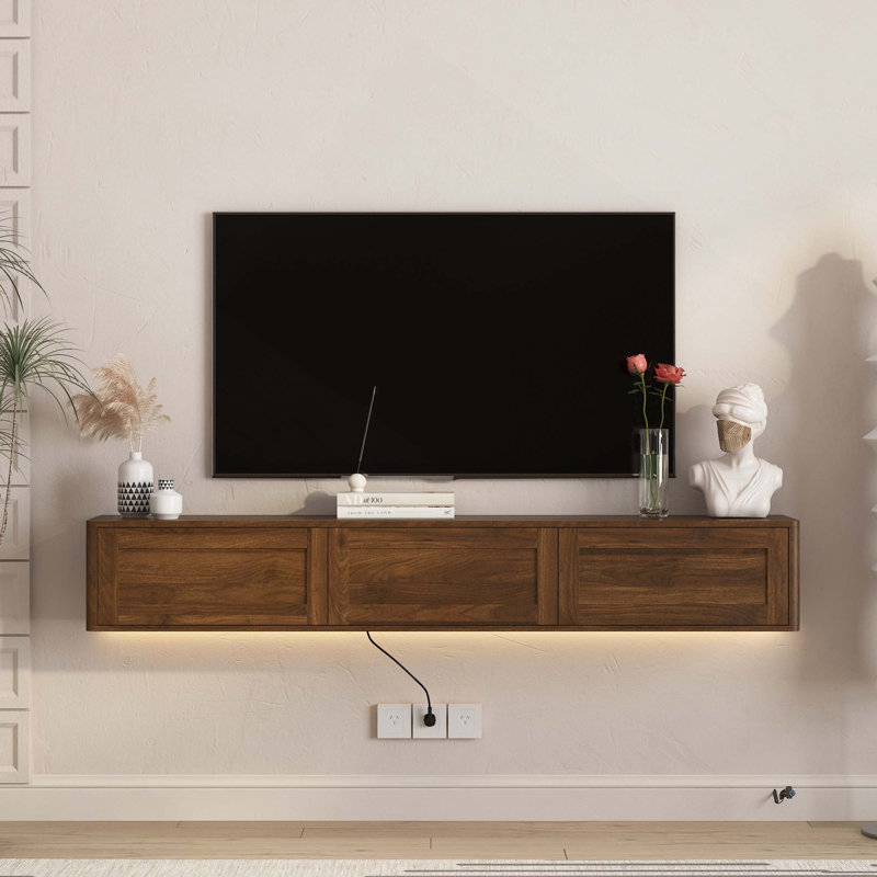 Meuble télé flottant ultrabrillant avec lumières DEL et prise de courant pour le salon, Brown