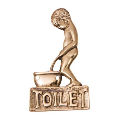 Gold Colored Boy At A Chamber Pot "Toilet" Sign