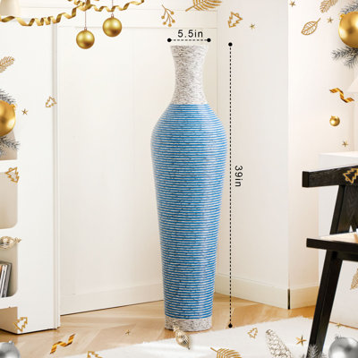 Vase de plancher en rotin de PVC tissé à la main, grand vase à rayures bleues et blanches de 39 pouces, vase de style bord de mer de style campagnard pour décoration de vestibule de salon (diamètre de 5,5 po)