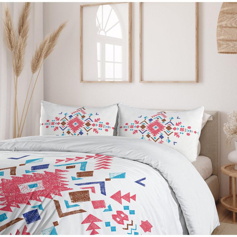 Vermilion Caramel Blue Geometric Queen Duvet Cover Set