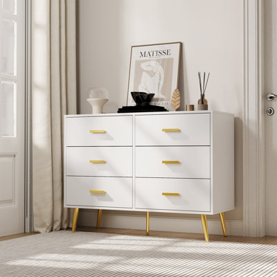 Modern Chest Dresser With 6 Storage Drawers, Spacious Storage Cabinet Featuring Gold Handles And Robust Metal Legs For Bedroom, Living Room and Entryway, White