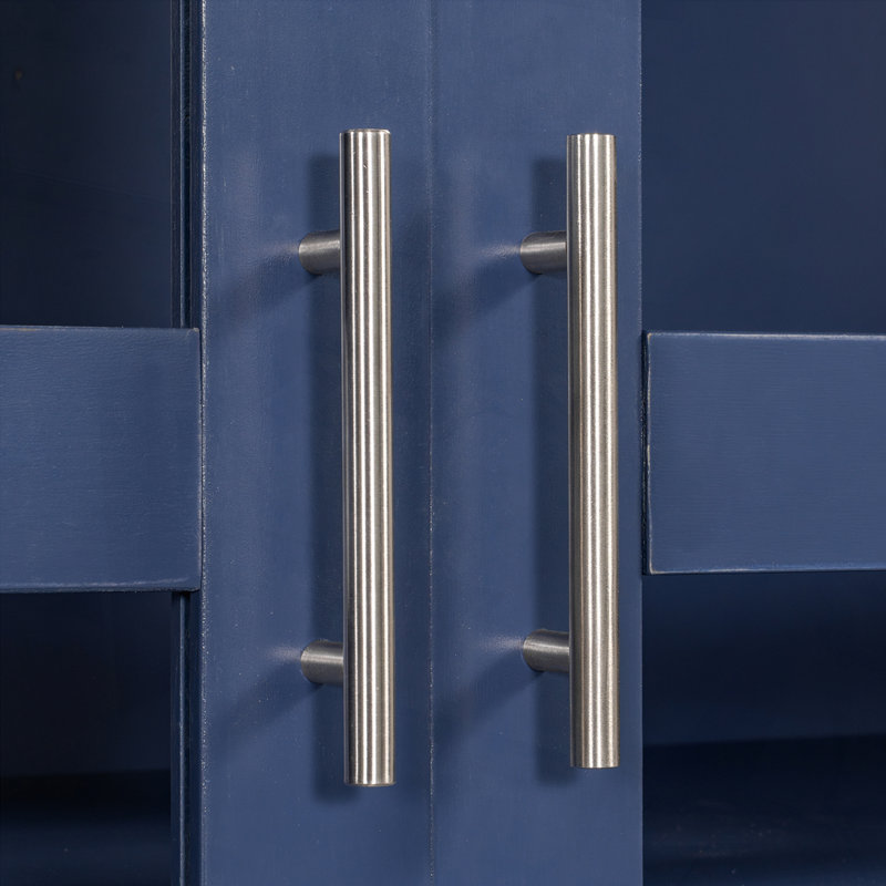 Armoire de cuisine, armoire de rangement avec portes en verre et 4 tiroirs intégrés, Bleu