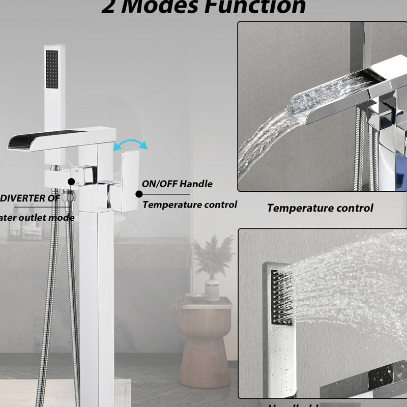 Floor Mounted Waterfall Tub Filler With Rust Resistance And Metal Handle Matte Black Hand Shower Swivel Spout, Silver