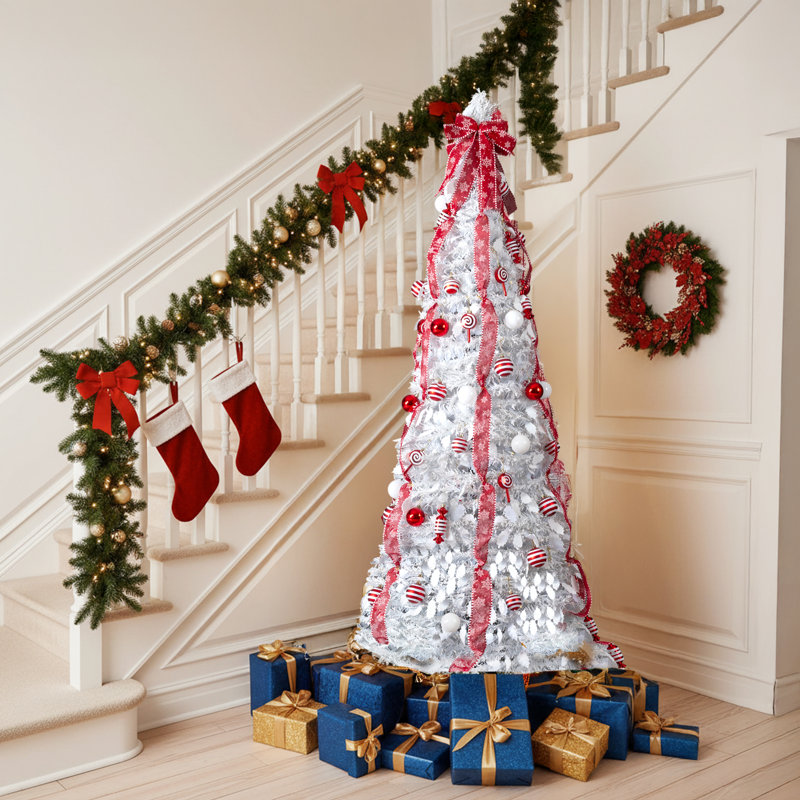 Arbre de Noël escamotable de 6 pi entièrement décoré, arbre de Noël illuminé - idéal pour la décoration des Fêtes à la maison / bureau / magasin, 100 Leds blanc chaud (8 modes), assemblage escamotable sans effort et rangement compact