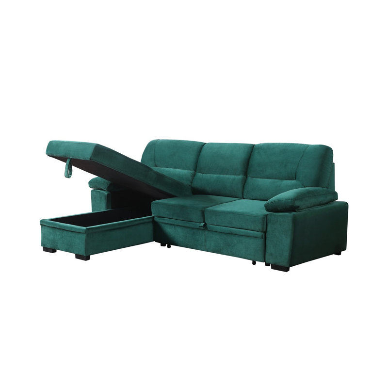Canapé d'angle convertible réversible Kipling de 97,5 po en velours vert avec méridienne de rangement, Black Velvet, Green