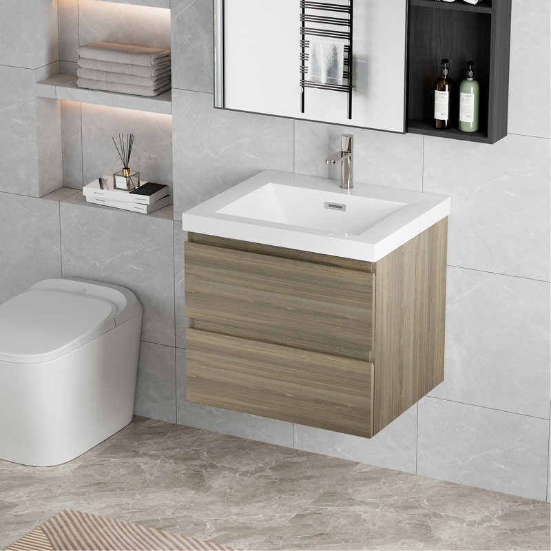 Meuble-lavabo mural 24 po avec lavabo en résine, 2 tiroirs, style minimaliste, esthétique de la finition de l'eau, finition