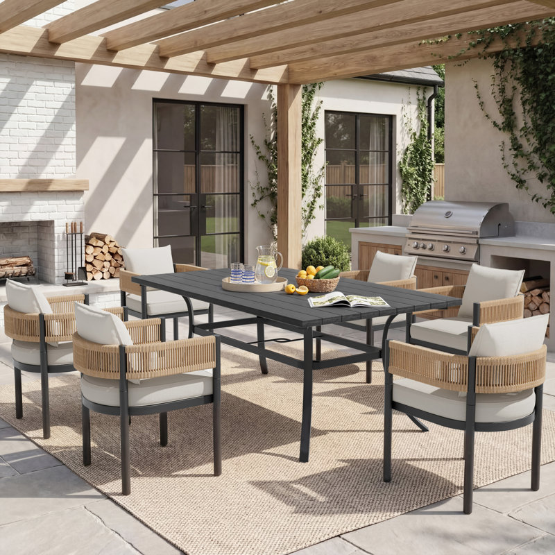 7-Piece Wicker Dining Set With Detachable All-Steel Frame Table, White Cushion/Natural Frame
