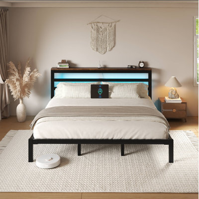 King Metal Platform Bed with Storage Headboard, Charging Station, LED Light, Easy Assembly, Black