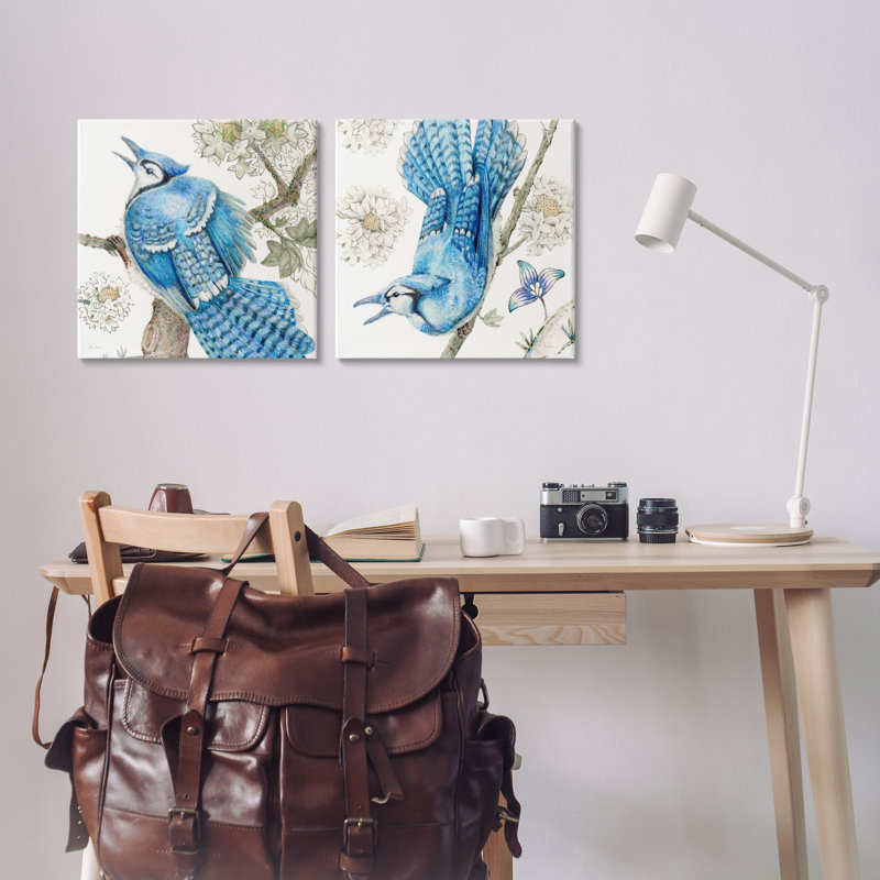  "Blue Jays with White Blossoms", ensemble de 2 toiles d'art par Evelia Designs, H 17 po x l 17 po