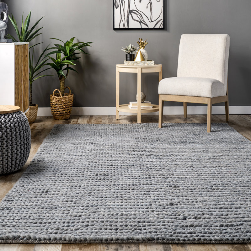 Tapis bleu clair en laine / coton tressé à la main Dalaigh, Rectangle 7 pi 6 po x 9 pi 6 po