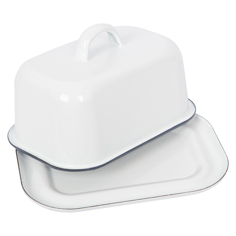 18.5cm x 10cm White Enamel Butter Dish - By Argon Tableware, Blue