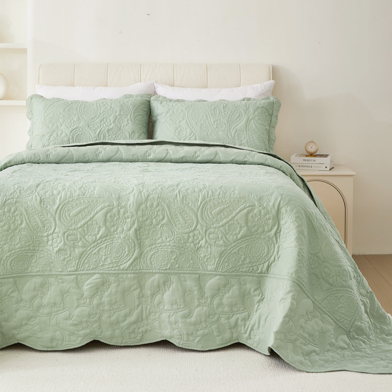 Microfiber Reversible Oversized 3 Piece Coverlet, Bedspread Set, Oversized King + 2 King Shams, Sage Green