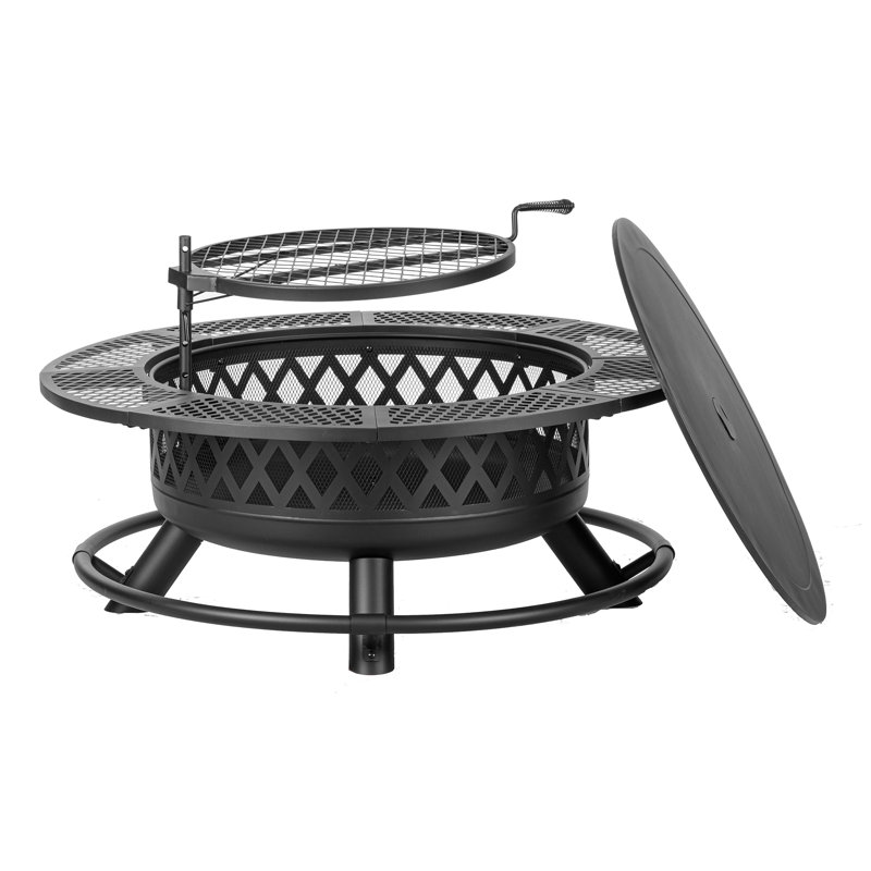 42Inch Wood Burning Fire Pit With Grill And Lid, 25.2" H x 42" W x 42" D