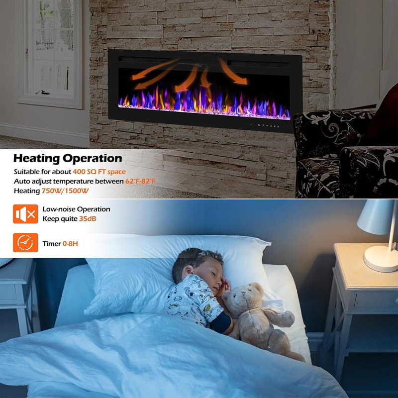 60 inch Electric Fireplace Wall-Mounted Recessed 750/1500W 5120 BTU Heat Output Fireplace Heater with Remote Control Timer 12 Adjustable Flame Colours Brightness Log Set Crystal Stones