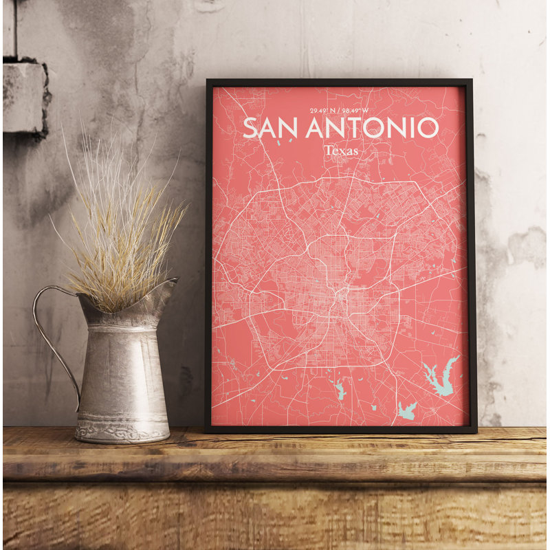 San Antonio City Map - impression d'art graphique, H 24 po x l 18 po x P 0,05 po
