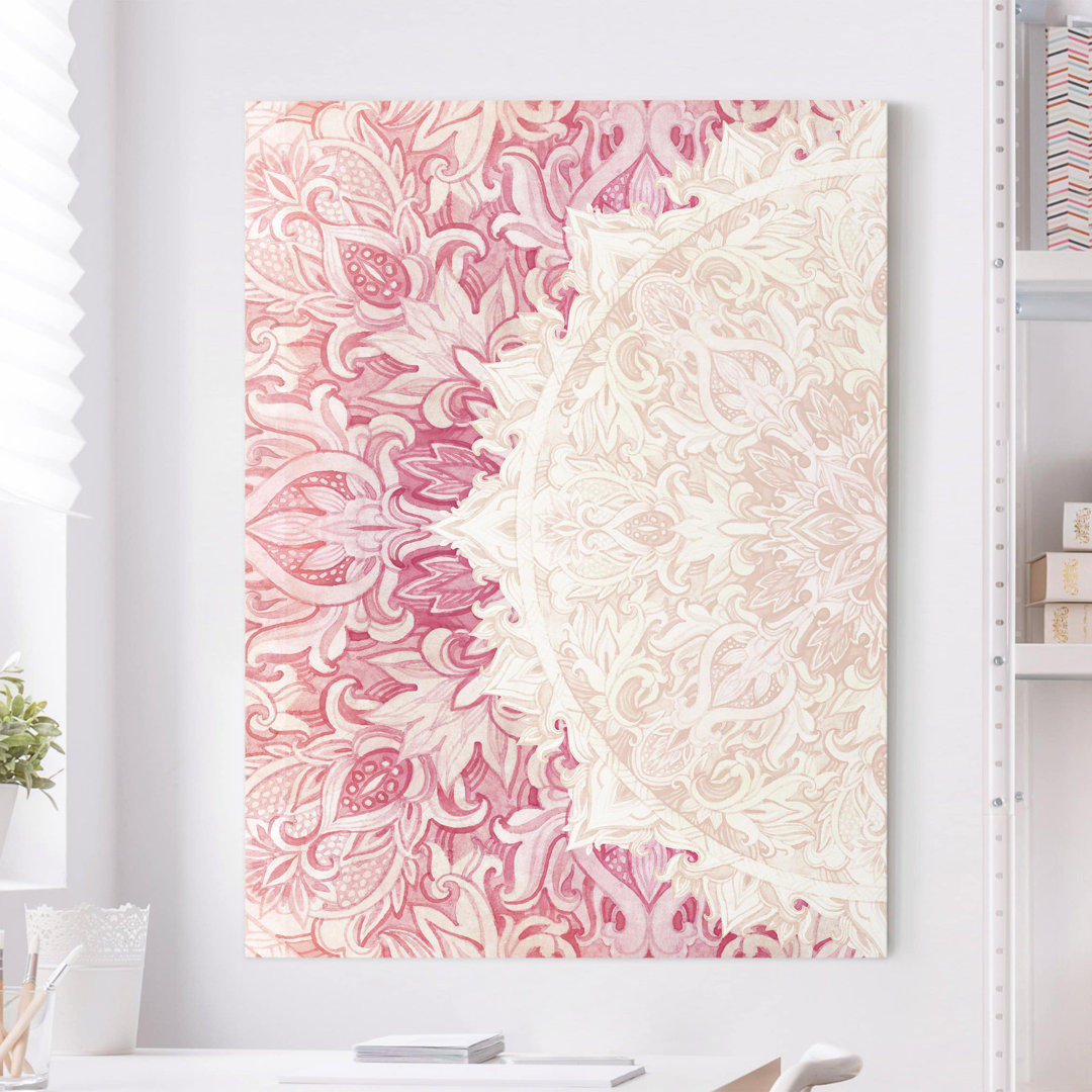 Leinwandbild - Mandala Aquarell Halbkreis in Beige & Pink