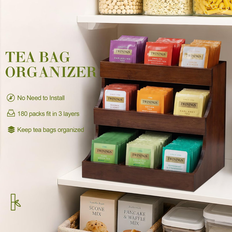 Bamboo Tea Bag Organizer, 3-Tier Tea Storage Box with 9 Compartments, Holds Up to 180 Bags, Tea Holder Organizer for Coffee Station, Kitchen Countertop, Pantry and Cabinet