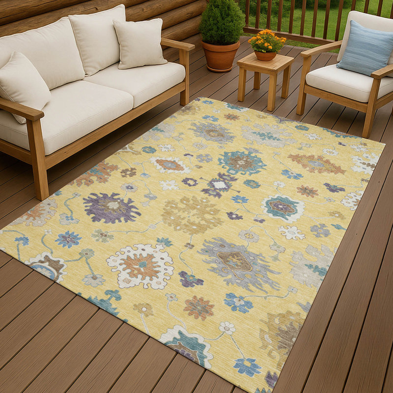 Tapis traditionnel lavable à la machine intérieur / extérieur ACN2532, Jaune, Rectangle 10 pi x 14 pi