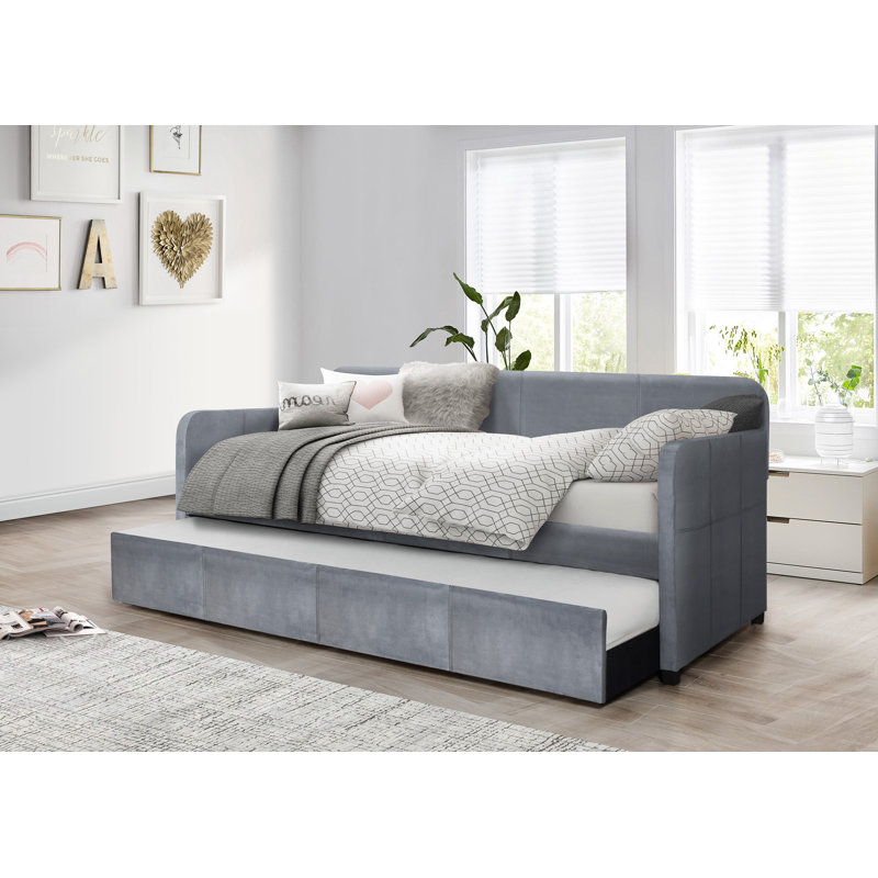 Tiara Upholstered Daybed with Trundle, Light Grey