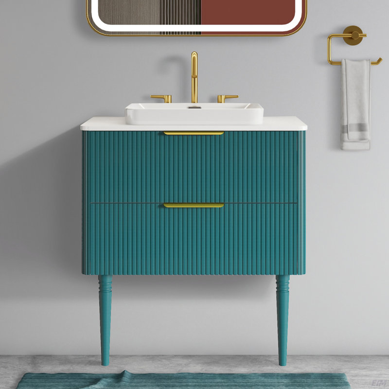 Meuble-lavabo 30 po rayé aigue-marine avec lavabo en céramique pré-assemblé, Turquoise / bleu