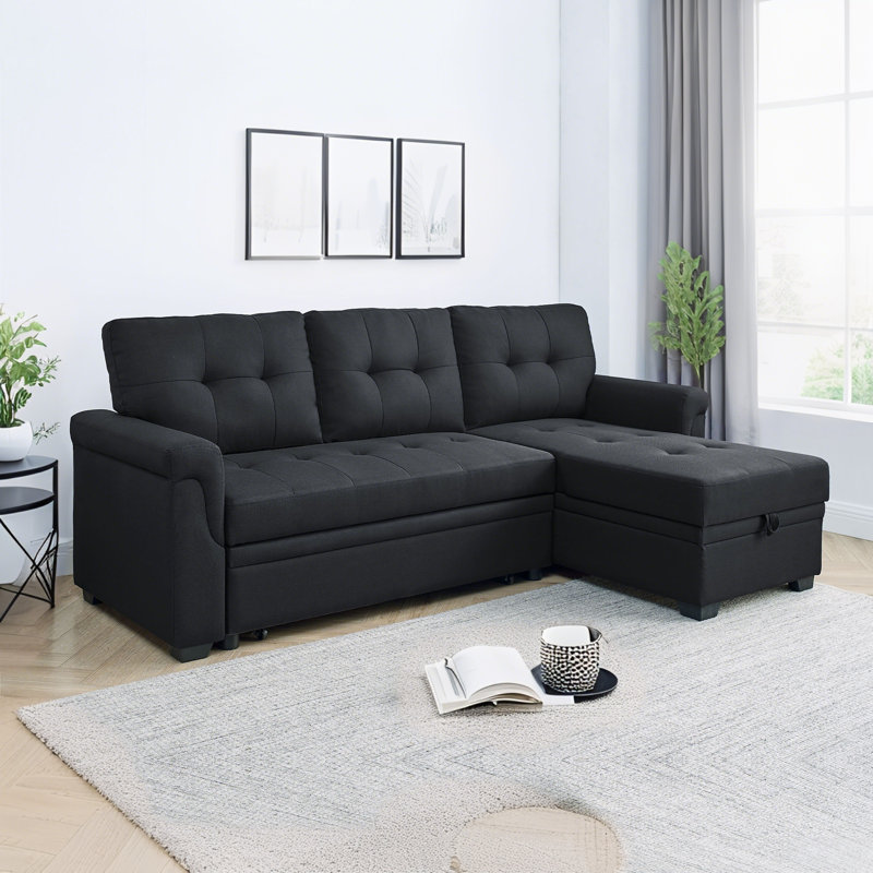 86'' Upholstered Pull-Out Sofa Bed With Storage Chaise, Black
