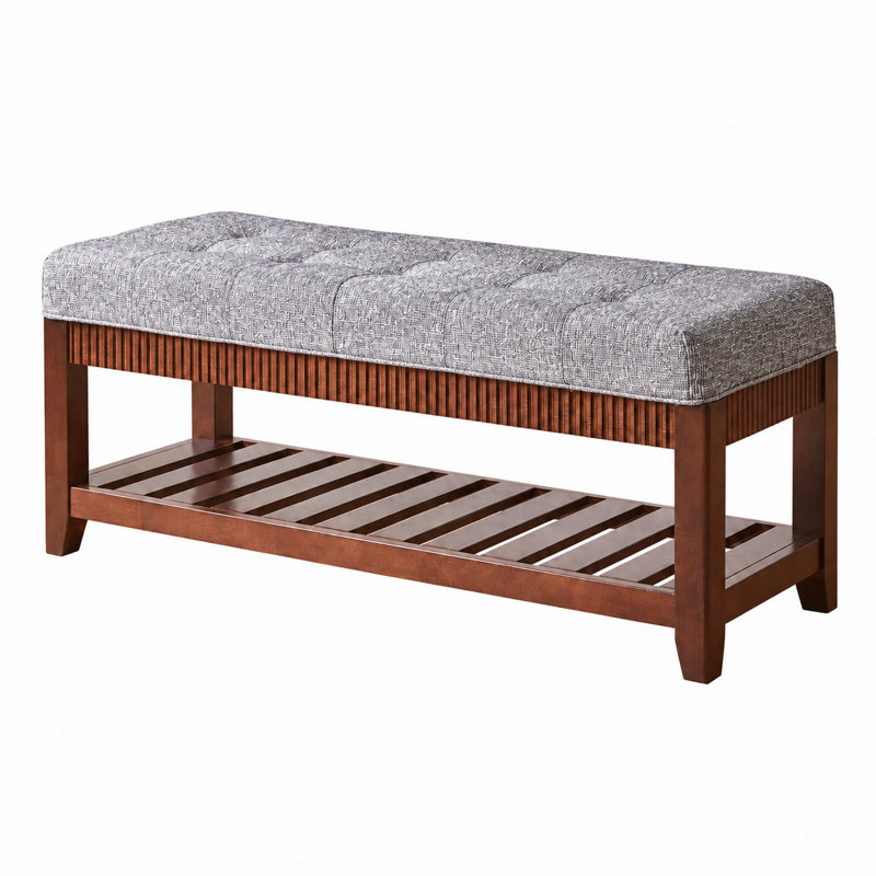 Banc de hall d'entrée en bois massif avec assise rembourrée et tablette à chaussures, Gris