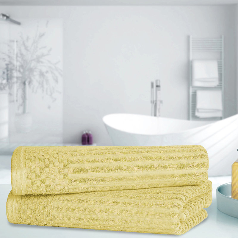 Ruvins Cotton Highly Absorbent Solid and Checkered Border Bath Towel Set, Yellow Gold