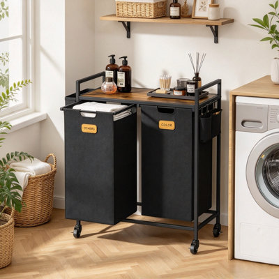 Chariot de tri du linge à 2 sacs amovibles en tissu, panier à linge roulant avec couvercle en bois et poches latérales, organisateur de linge mobile sur roulettes pour buanderie ou salle de bain