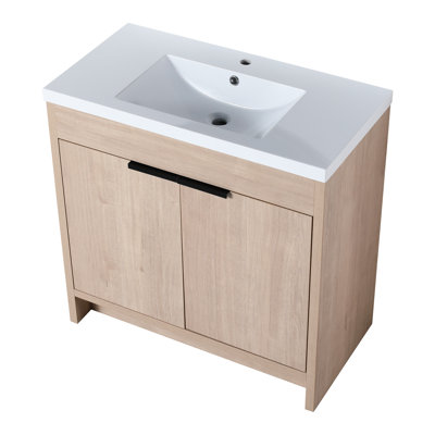 Commode de salle de bain autoportante 36 po avec lavabo et armoire en résine blanche - Élément de porte de meuble-lavabo à fermeture en douceur 36 po