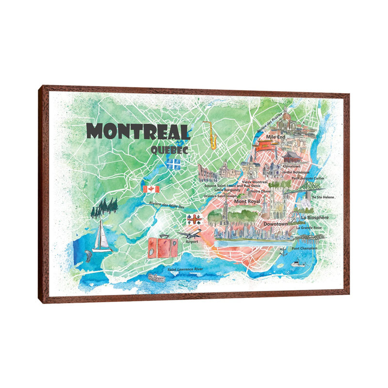 Montreal Quebec Canada Illustrated Map 1 Piece Painting on Canvas, 66.04cm H x 101.6cm W x 3.81cm D