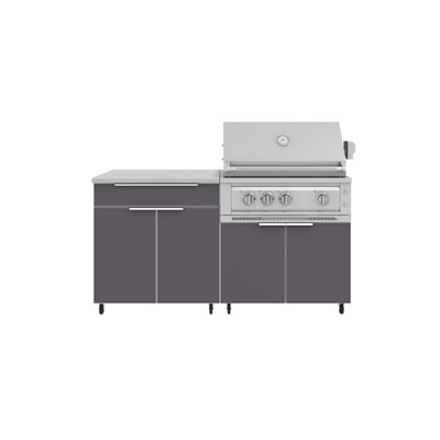 Ensemble de cuisine extérieure en aluminium, composé de 4 armoires, avec barbecue Platinum de 84 cm (33 po) fonctionnant au propane et comptoir en acier inoxydable de 81 cm (32 po).