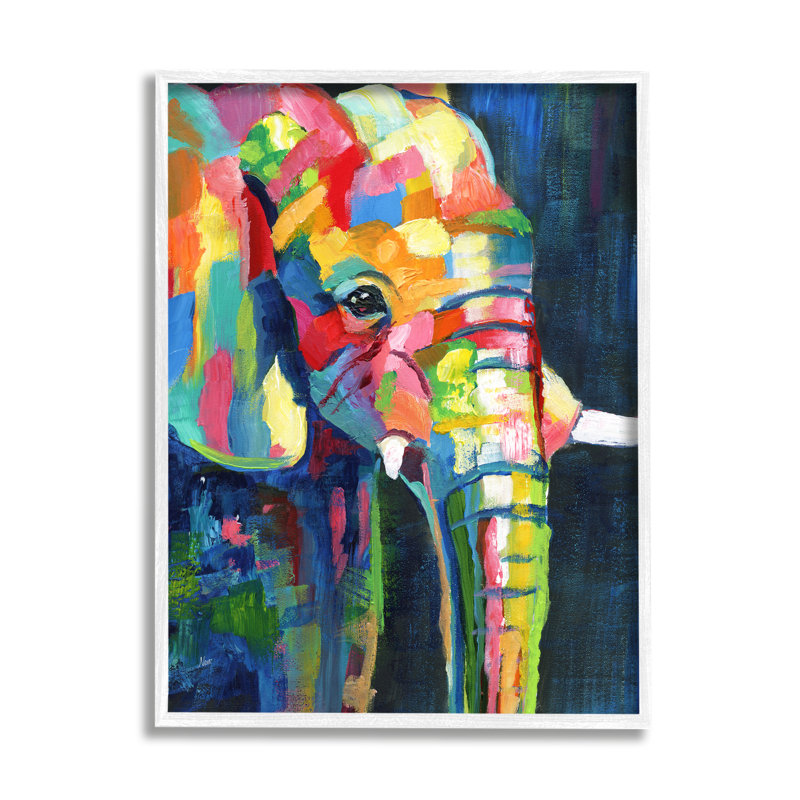 «Contemporary Elephant Abstract Patchwork Rainbow» par Nan - Peinture sur toile, Cadre blanc, H 14 po x l 11 po