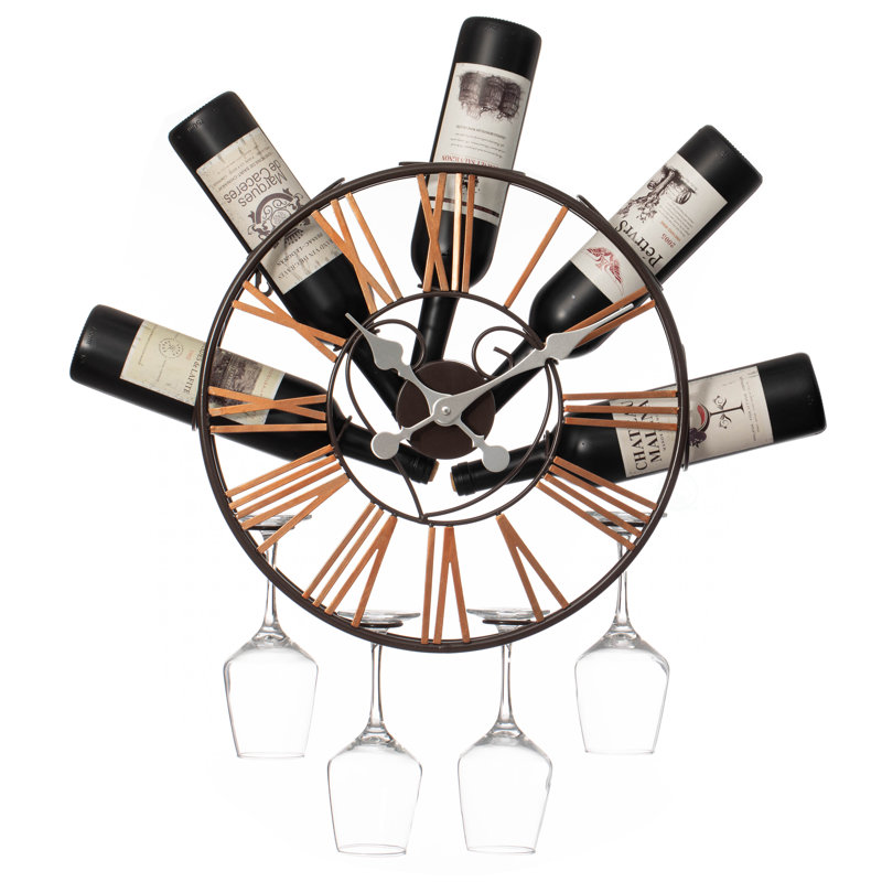 Porte-bouteilles à horloge murale avec porte-verres à pied Red Barrel Studio® - Étagère unique pour organisateur de champagne, blanc et rouge