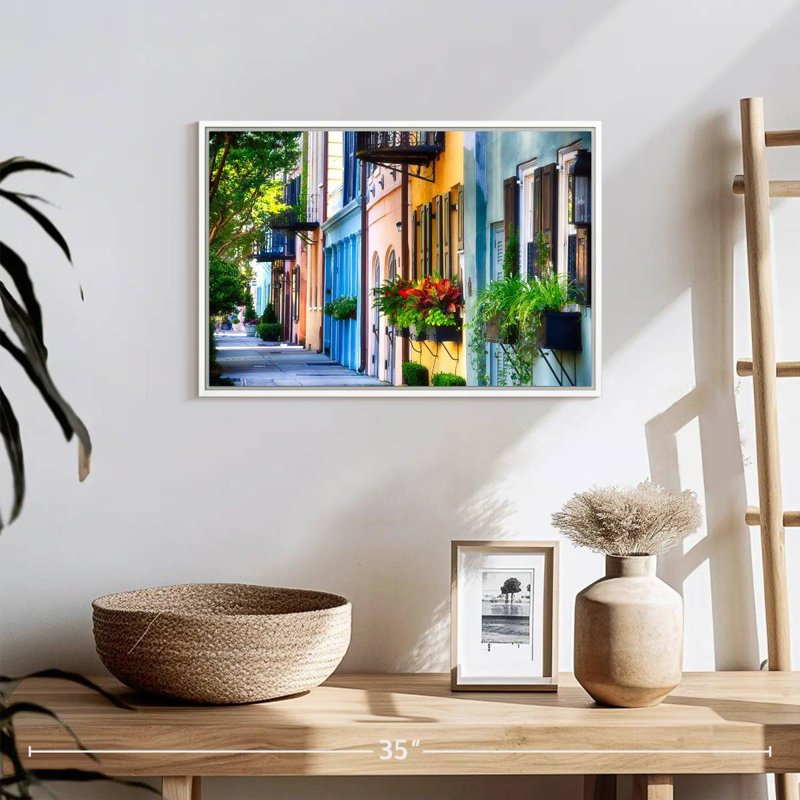 Row Of Colourful Historic Houses, Floating Frame White, 19" X 13"