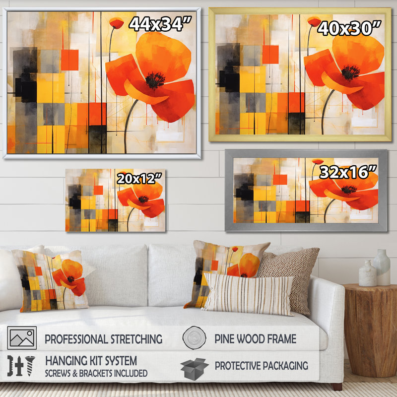 «Bold orange cubic Flowers», art mural abstrait géométrique, Cadre doré simple, H 16 po x l 32 po x P 1 po