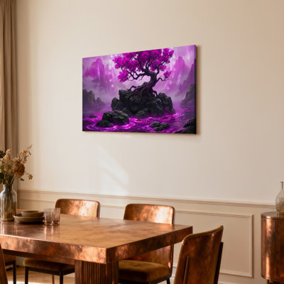 Fleur de cerisier mauve sur une île de roche, reproduction d'art sur toile, peinture à l'huile, paysage fantastique avec eau brillante et montagnes (ensemble de 1)