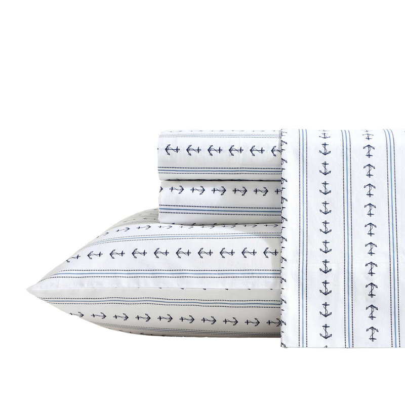 Martha Stewart Bedford Scallop Bath Rug, Twin Sheet Set with 1 Pillowcase, Anchor Lines Blue
