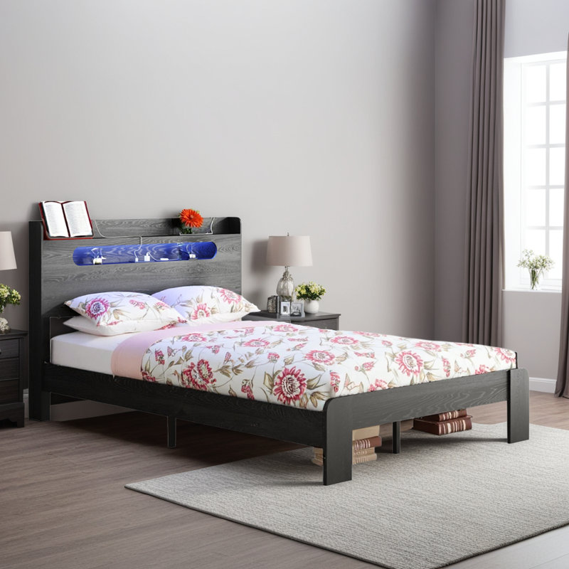 Lit plateforme avec tête de lit à DEL, ports USB et rangement sous le lit, Très grand lit