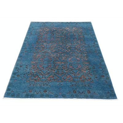 Tapis bleu sarcelle et prune en laine noué à la main 4 x 5,6 pi