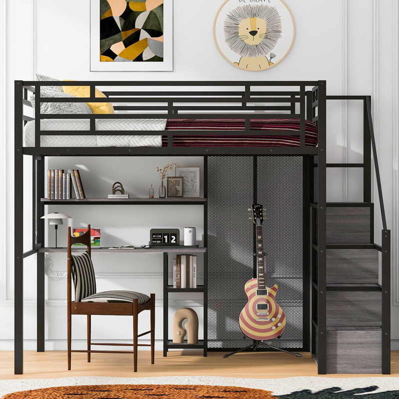 Lit mezzanine en métal noir avec garde-robe, bureau et tablettes de rangement, Noir