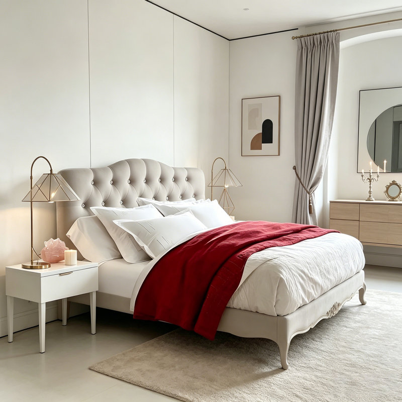 Tête de lit tapissier en lin à hauteur réglable moderne, Grand lit, Natural Beige - Diamond Buttons