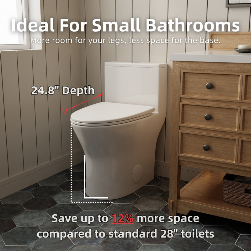 Los Flexi Compact One-Piece Toilet For Small Bathrooms, 18" Chair Height Elongated Toilet, Dual Flush 1.0/1.28 GPF & Rimless Swirl, 12" Rough-In