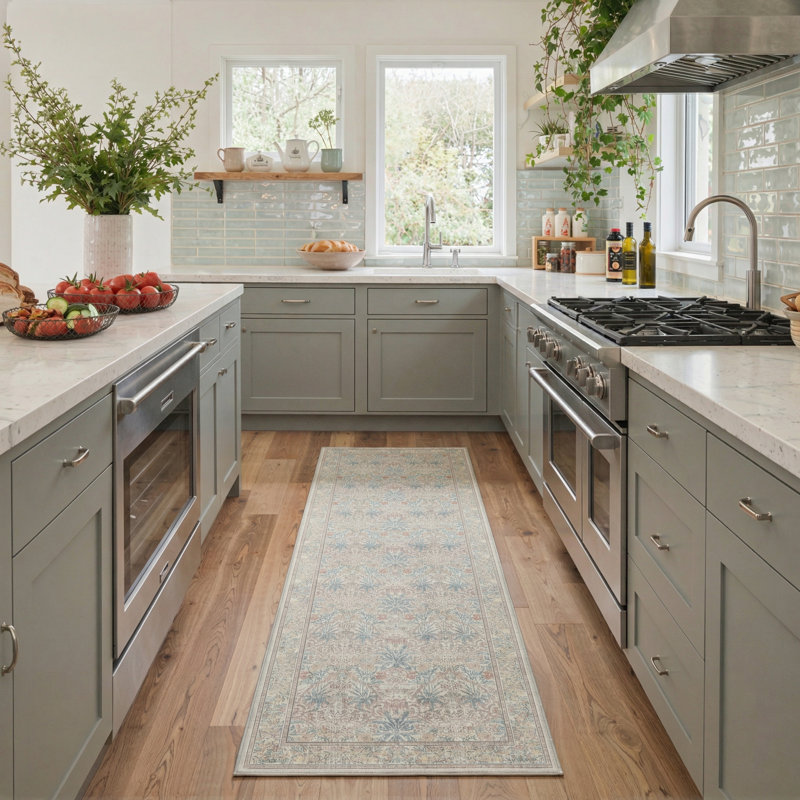 Floret Modern Machine Washable Pink / Beige / Blue Indoor Area Rug with Non-Slip Backing, Runner 2' x 6'