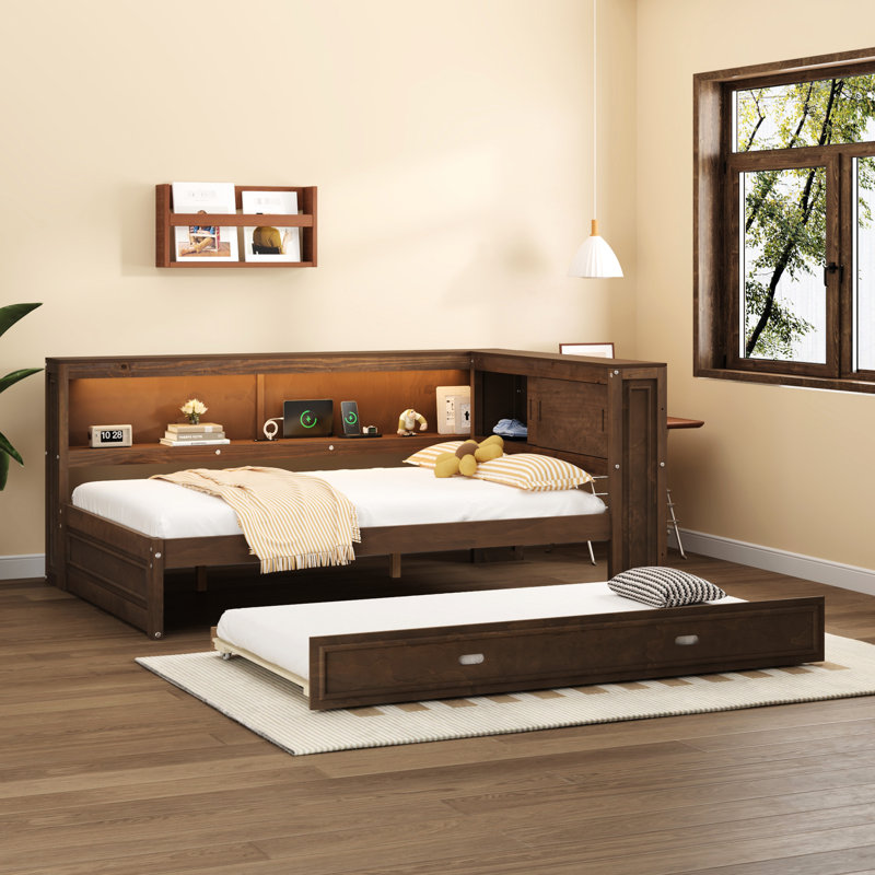 Full Size Wood Daybed With Led, , Trundle - Antique Color, Spacious Layout Drawer Storage, Socket, And Design, Brown