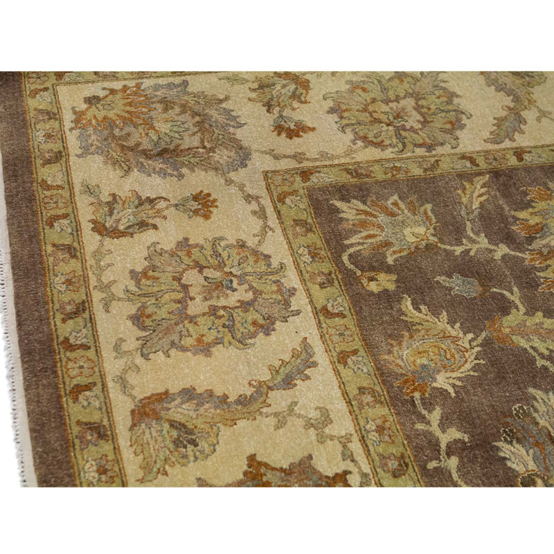 Tapis beige / brun en laine noué à la main de conception unique 8 pi 10 po x 11 pi 11 po