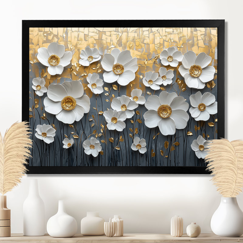 Mudasar, fleurs blanches et dorées, fleurs sauvages V - Art mural grand fleurs sauvages, H 30 po x l 40 po, Noir